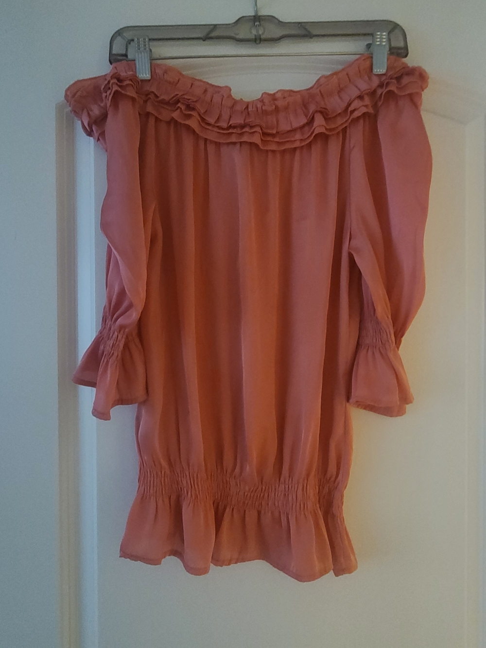 Essentials Coral/Peach Off-Shoulder Ruffle Peasant Top - Picture 2 of 6